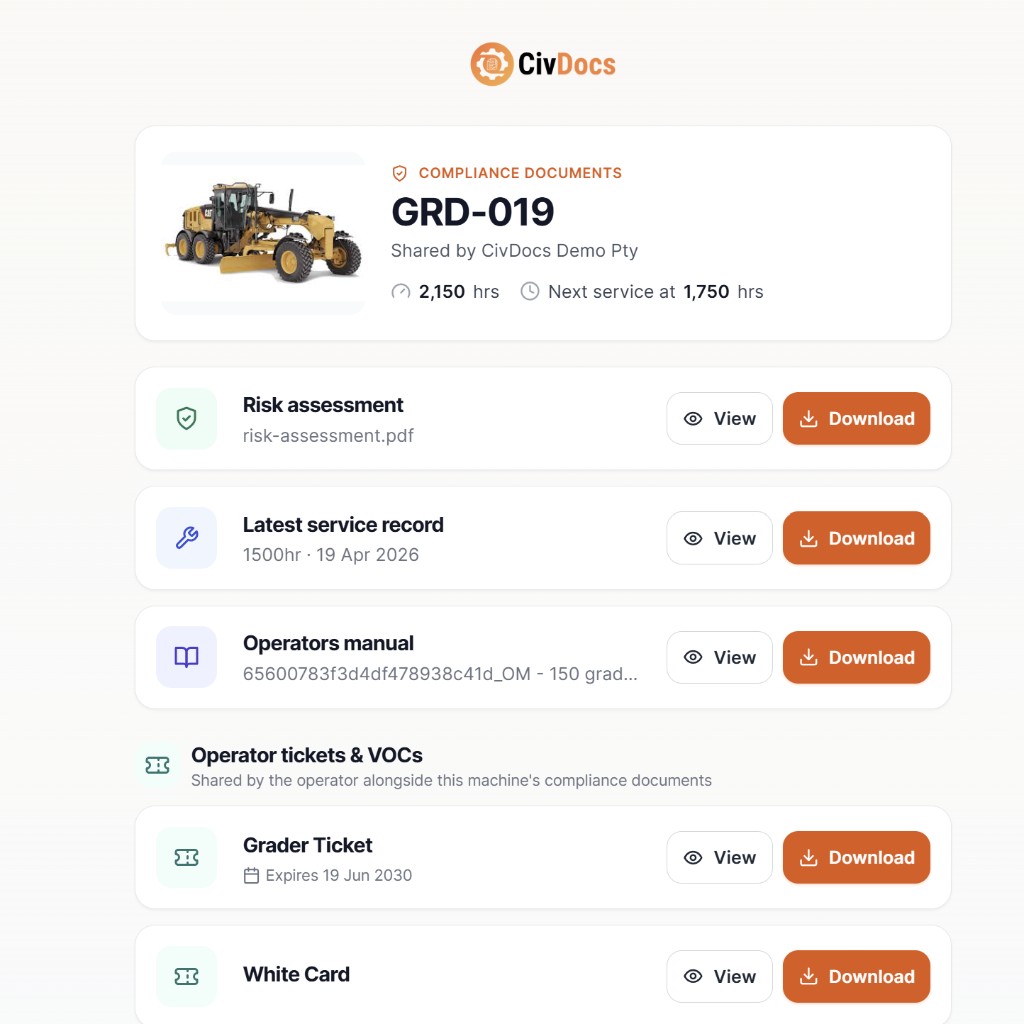 CivDocs compliance export page — what a client or engineer sees after receiving the link