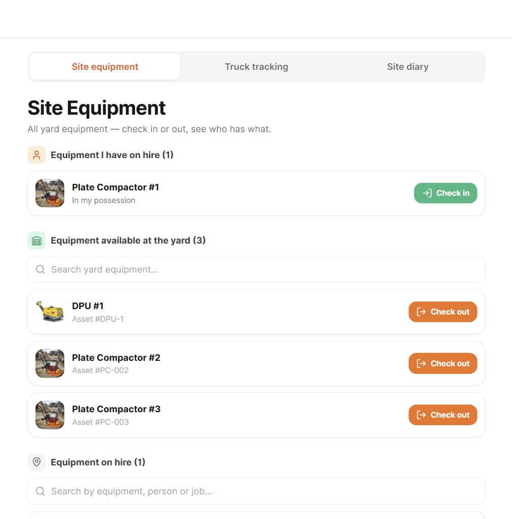 CivDocs site equipment screen showing check in and check out for yard equipment